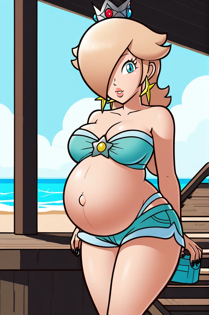 score_9, score_8_up, 1girl, solo, rosalina, style parody, thick outlines, bikini, shorts, pregnant belly, huge belly, sleeveless, strapless, cleavage, indoors, beach, black nails, complete body, perfect