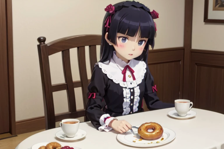 (donutを食べる), donut, カラフルなdonut, table, Stylish teacups, Place mat, Knife and fork, (ruri gokou), girl, alone, Hime cut, Gothic Lolita, Lolita Fashion, head band, middle ages, European Castles, Different world, masterpiece,