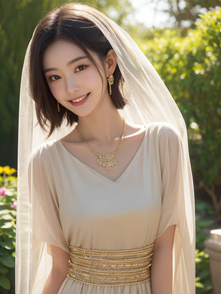 1 girl, dunhuang dress, thin veil covering whole body, perfect body shape, crisps medium breasts, 8k, ultra realistic, glossy skin, smile on a face, excited expressions, beautiful japanese girl, gold heavy  necklace, queen earings, upper body shot, front view, looking at the viewer, perfect body shape, in the garden, cinematic lighting, sunrays,