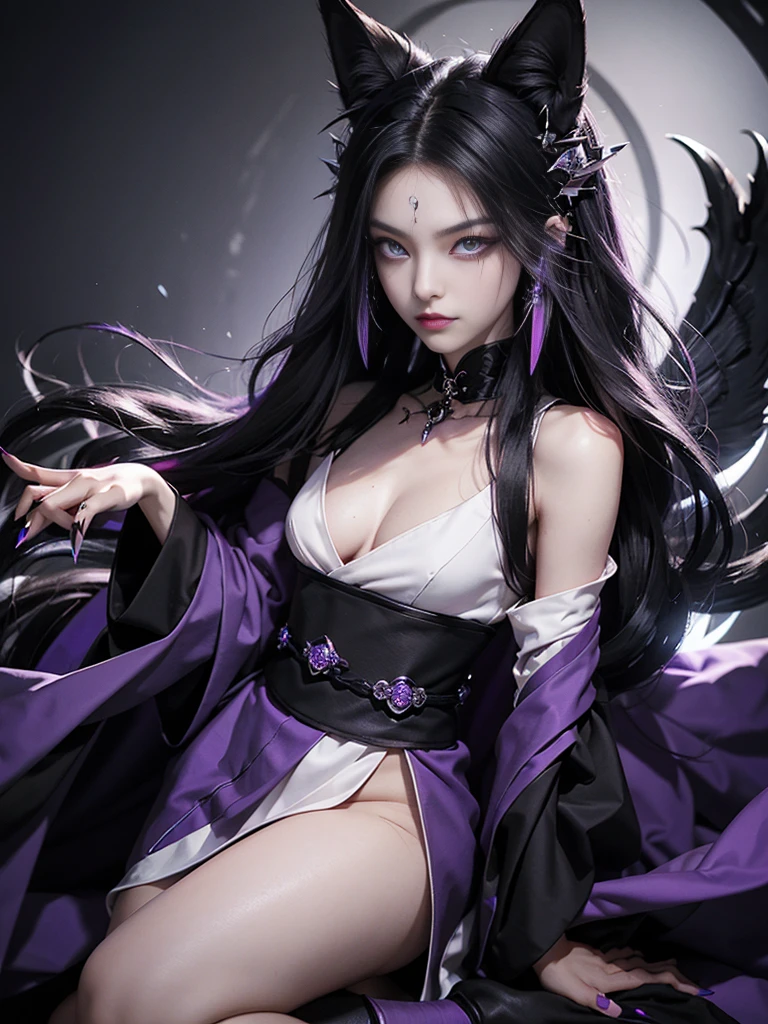 woman in her 20's, scary looking, androgynous, long black hair with small white streaks, fox ears, piercing purple eyes with slit pupils, long lashes, fox tail, plain black kimono, smirking, evil, scary, masterpiece, high quality, final boss, claws and fangs, purple fire