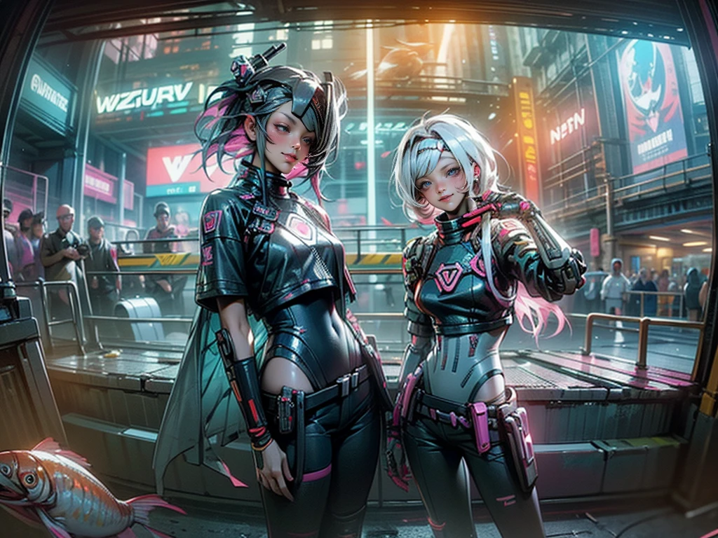 ((2 cyberpunk girls wearing colorful Harajuku style pop outfit)), ((((fisheye lens)))), cowboy shot, wind, messy hair, ((cyberpunk 2077 cityscape)), (cyberpunk aesthetics and atmosphere:1.3), bright colors, smiling, ((cinematic lighting))