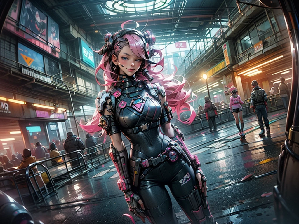 ((2 cyberpunk girls wearing colorful Harajuku style pop outfit)), ((((fisheye lens)))), cowboy shot, wind, messy hair, ((cyberpunk 2077 cityscape)), (cyberpunk aesthetics and atmosphere:1.3), bright colors, smiling, ((cinematic lighting))
