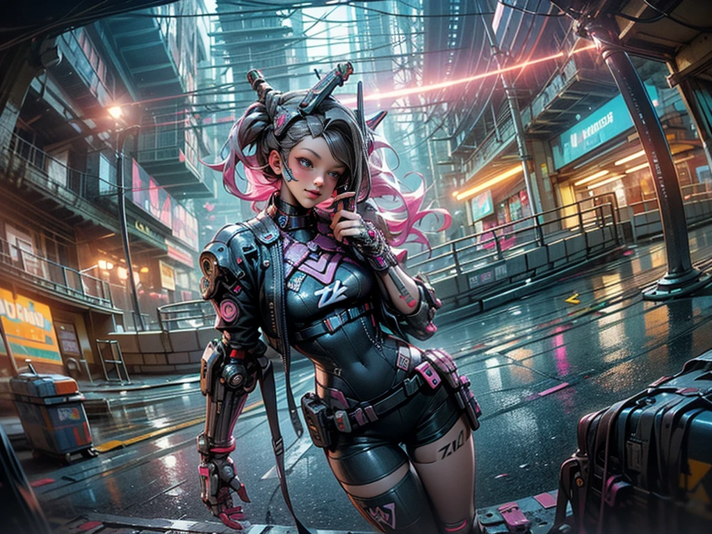 ((2 cyberpunk girls wearing colorful Harajuku style pop outfit)), ((((fisheye lens)))), cowboy shot, wind, messy hair, ((cyberpunk 2077 cityscape)), (cyberpunk aesthetics and atmosphere:1.3), bright colors, smiling, ((cinematic lighting))