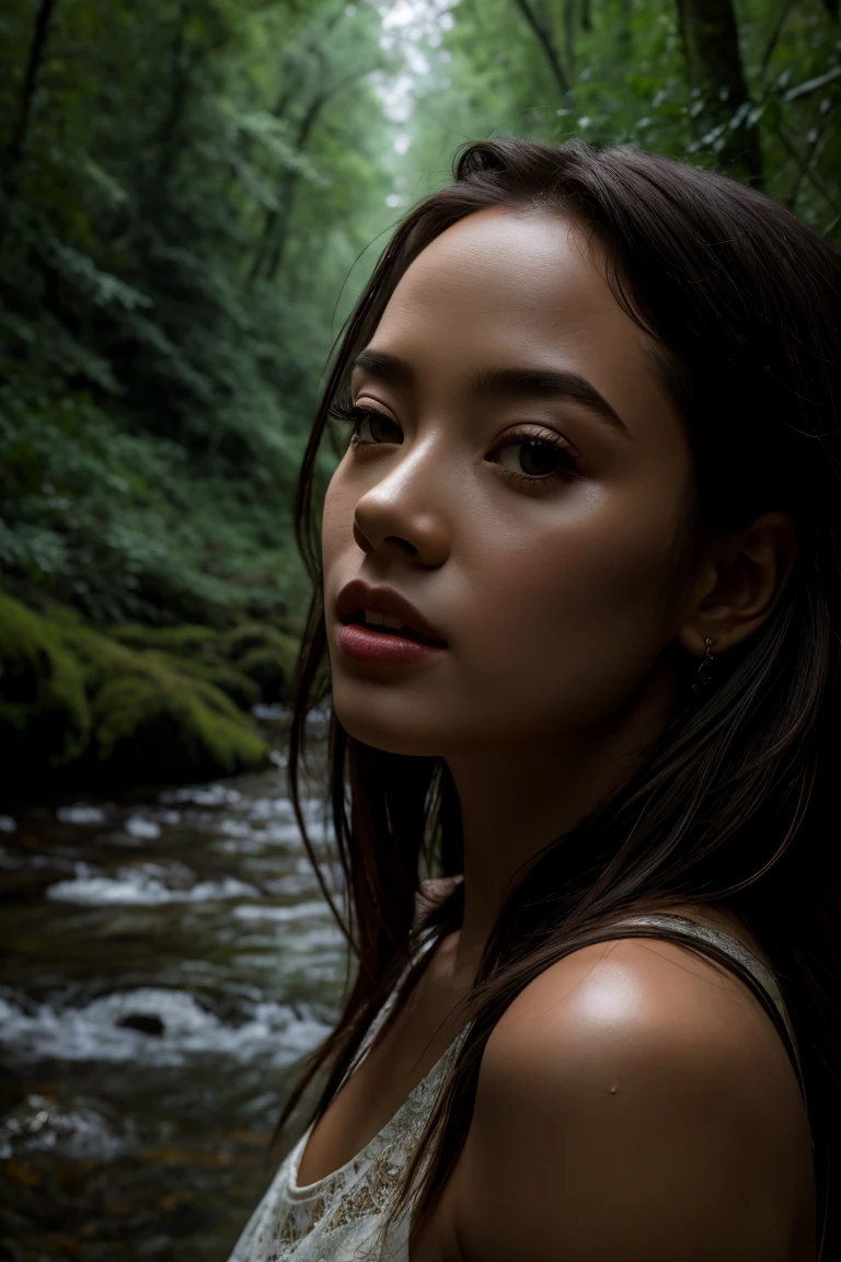 a girl,forest, river, rainy, lush clouds, (best quality:1.1), (masterpiece:1.2), high quality shadow, beautiful detailed, (high detailed skin, skin details),(wide_landscape,8k), beautiful face, detailed eyes, depth of field, best quality, highres, best shadow, best illumination,

