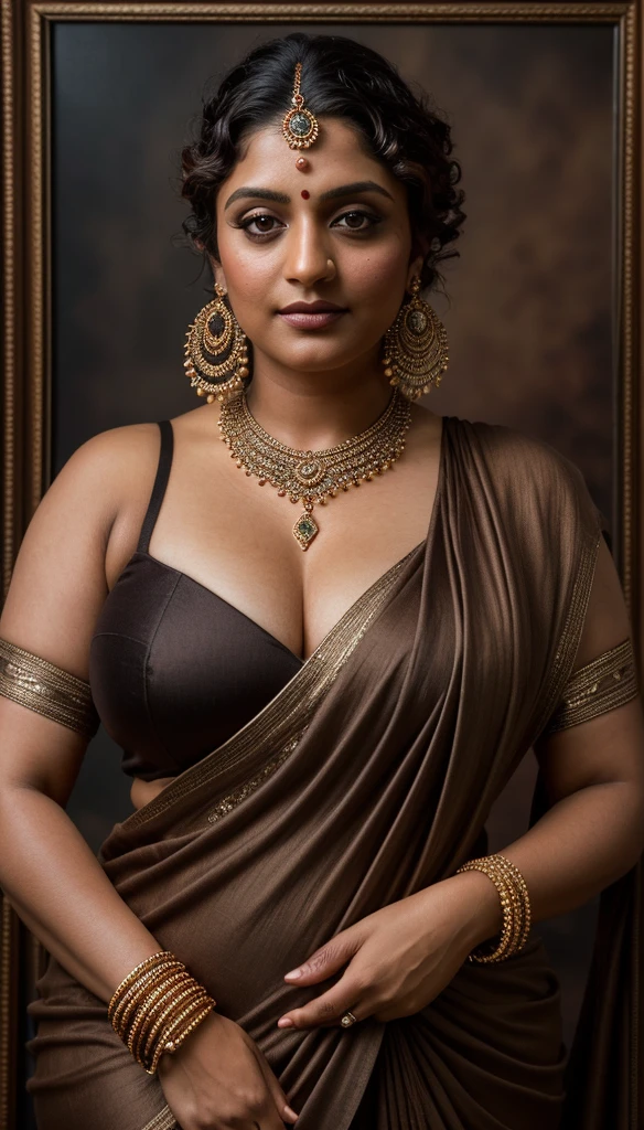 Looks like Nidhi Agarwal, a photo portrait of a beautiful girl 40 years old Woman, curvy hot mommy figure, fleshy figure, feminine curve, with curls, styled black hair, (face portrait:1.5), dramatic light, Rembrandt lighting scheme, bust shot, linen tank top , top quality editorial photograph, skin texture, skin pores, chocolate skin, high quality skin, top quality photography, professional photography, professional retouching, insane detailing, warm moody tones, modern clothes, highly detailed armpits, 