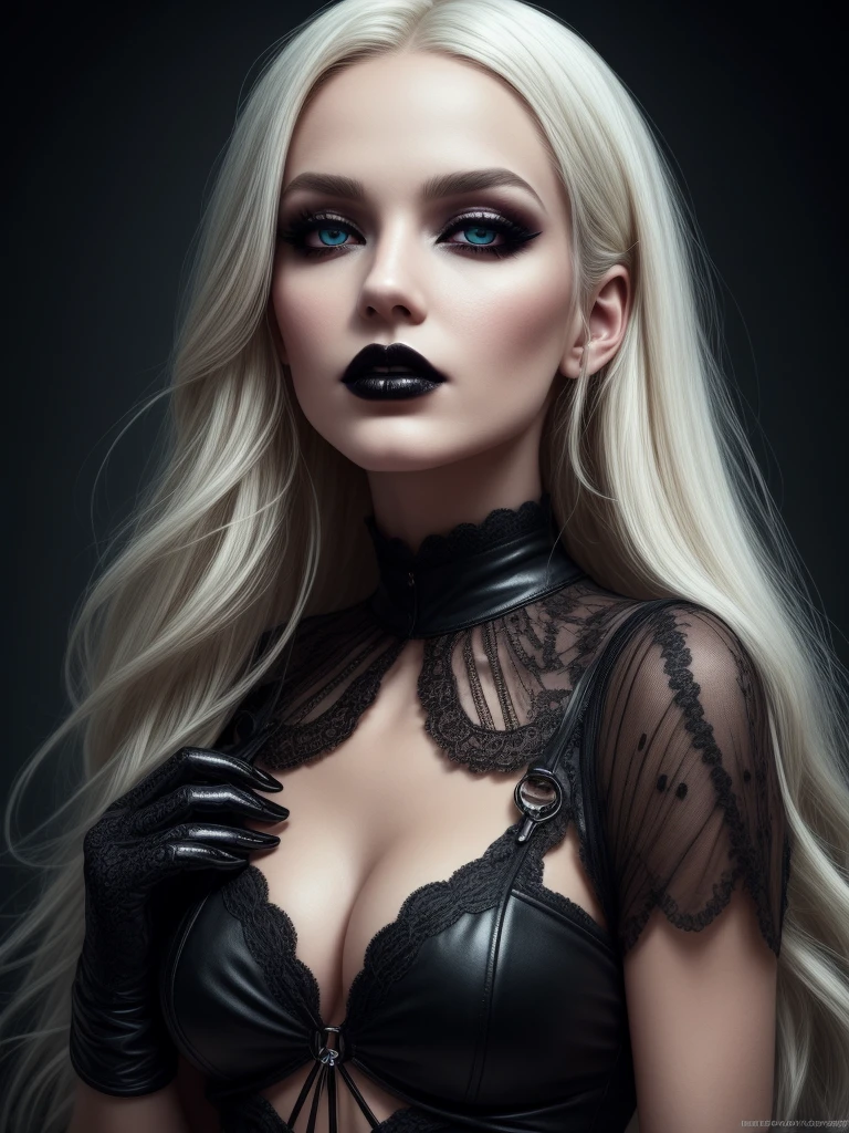 Insanely detailed photograph of a gorgeous vampire man, goth Renaissance, long voluminous white hair, intricate white  eyes, fantastical, vampire, ethereal, hyperdetailed, 32k resolution, dynamic lighting, hyperdetailed, intricately detailed, trending on Artstation, triadic colors, volumetric lighting, BalenciagaStyle,A woman with blonde hair, dark blue eyes, casual black clothes, black gloves on her hands, black gothic makeup, lips with black gloss.