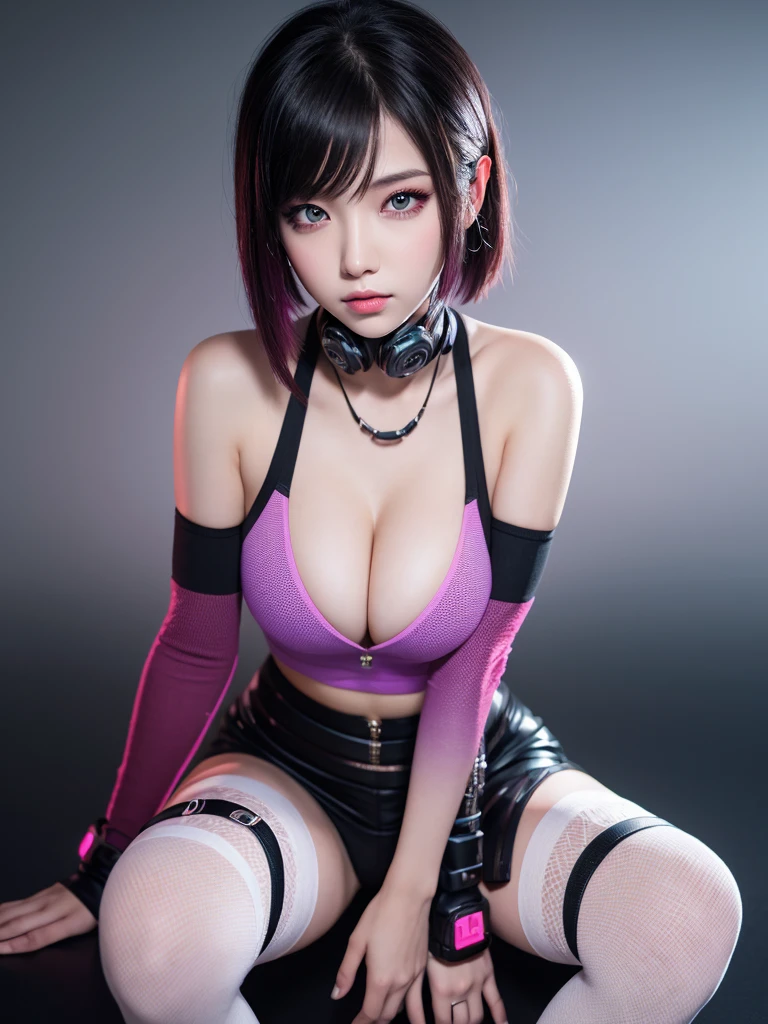 One girl, cyber punk, (whole body:1.1), Knee socks, Cleavage, Perfect Eyes, Perfect Face, Kuvshinov, (Gradient Background:1.2),
