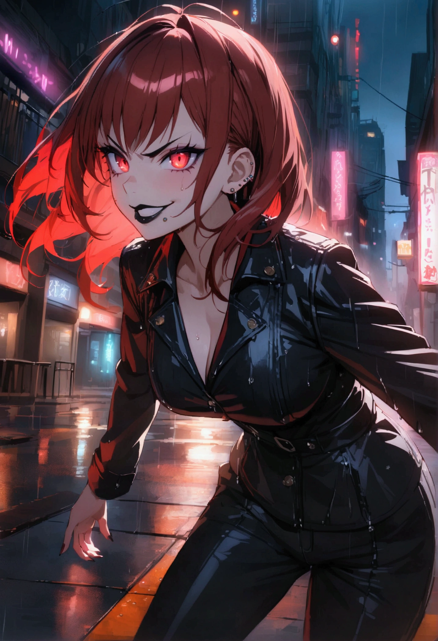 (anime women), high school girl, red hair with black bangs, (neon red viper eyes) standing in a rain soaked, city street at night, cinematic lighting (best quality:1.2)detailed, neon lights, vivid colors,bokeh, angry looking face with smirk on mouth, piercing, ((piercing)), gaze, 4k, particles in the air, powers, amazing art work full of details, dynamic movement, (black lips), bad girl