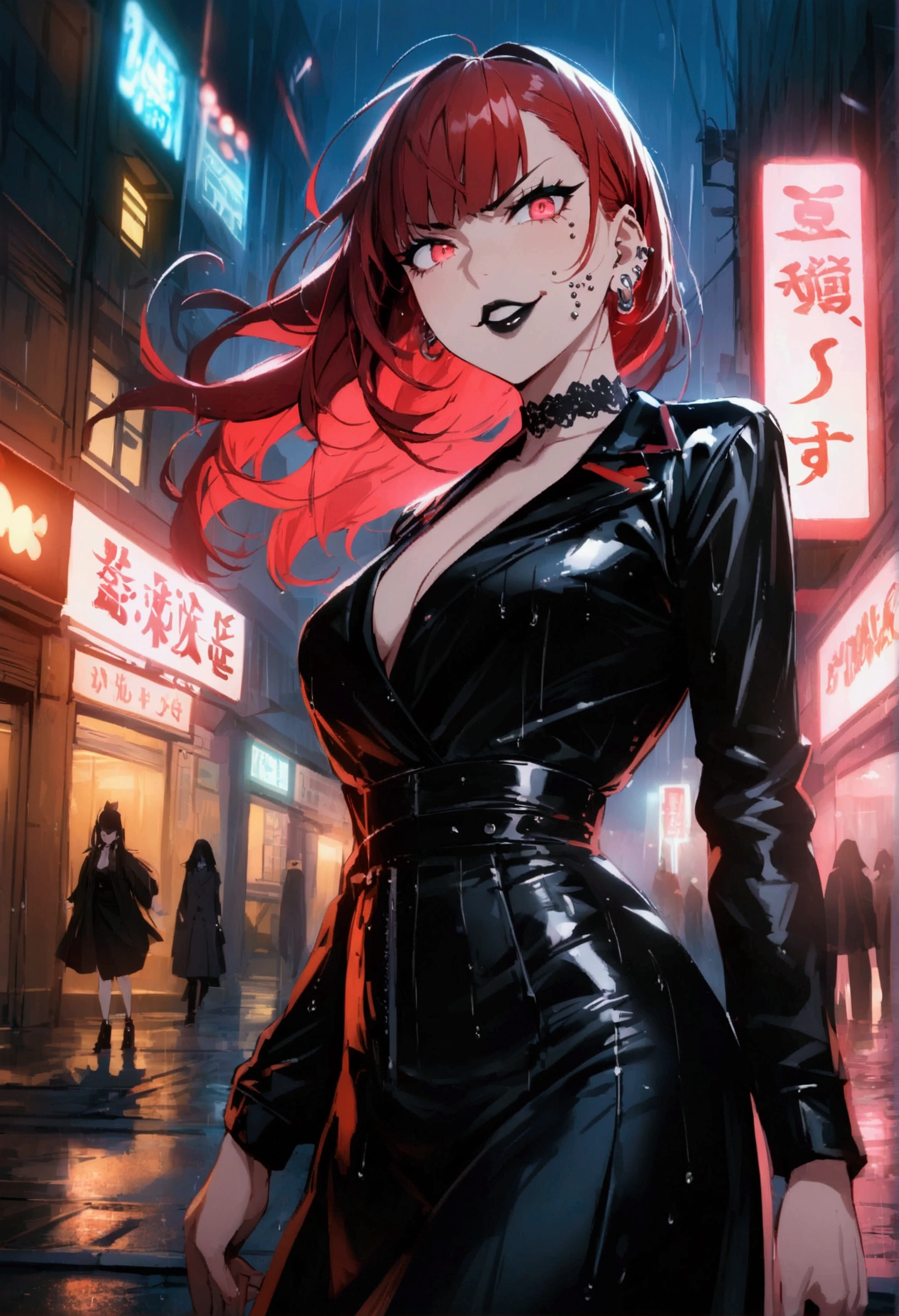 (anime women), high school girl, red hair with black bangs, (neon red viper eyes) standing in a rain soaked, city street at night, cinematic lighting (best quality:1.2)detailed, neon lights, vivid colors,bokeh, angry looking face with smirk on mouth, piercing, ((piercing)), gaze, 4k, particles in the air, powers, amazing art work full of details, dynamic movement, (black lips), bad girl