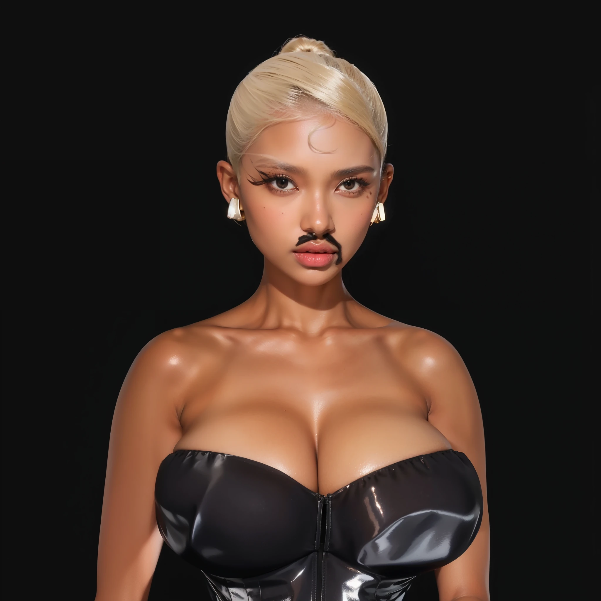 (masterpiece), (best quality), (ultra-detailed), ((masterpiece)) ((best quality)) ((ultra-detailed)) there is a woman with a very big  and a very big breast, upper body avatar, tanny skin, second life avatar, ( ( dark skin ) ), sultry expression, bust, she has olive brown skin, glamor profile pose, bust shot, 3/4 bust, ( brown skin ), ( ( brown skin ) ), tan skin)
