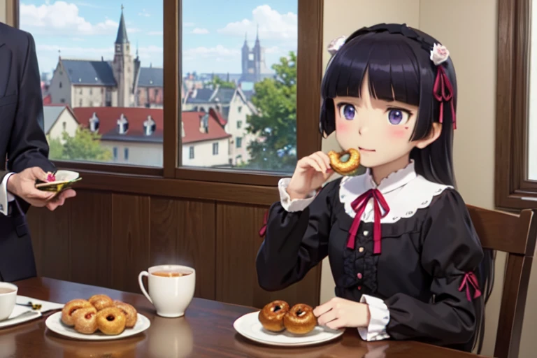 (donutを食べる), donut, カラフルなdonut, table, Stylish teacups, Place mat, Knife and fork, (ruri gokou), girl, alone, Hime cut, Gothic ta, Loliashion, head band, middle ages, European Castles, Different world, masterpiece,