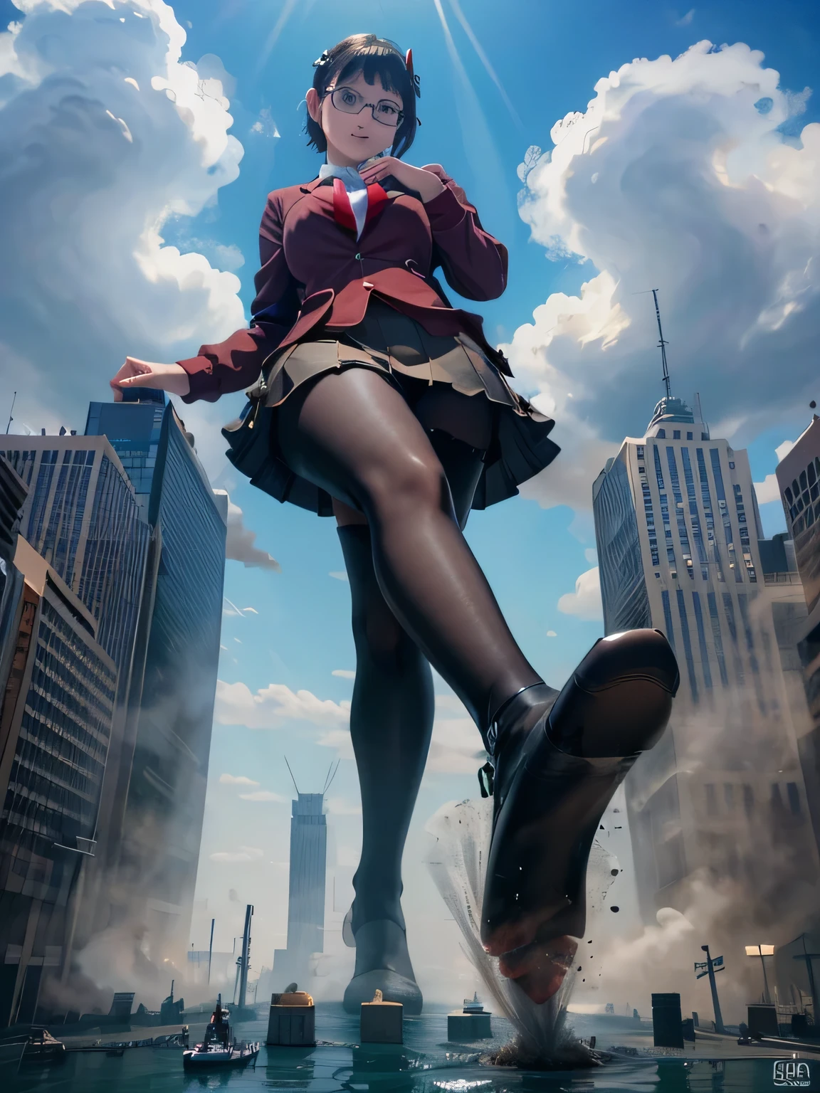 multiple girls, 3girls, standing, giantess art, highly detailed giantess shots, giantess, most detailed, perfect face, Two legs, Five fingers, short hair, A high school girl who is bigger than a skyscraper, Wearing rimless glasses, smile, huge breasts, Navy blazer, Red tie, mini skirt, black pantyhose, no shoes on, toes visible through pantyhose, Steam coming out from the soles of my feet, seaside metropolis, numerous miniature warships on the sea, Destroying cities, Under heavy attack, A very small big city, Miniature metropolis, Full body description, GTS, giga giantess, stomping city, crash city, tiny city, micro city, pantyhose feet, High resolution, highest quality, masterpiece, 