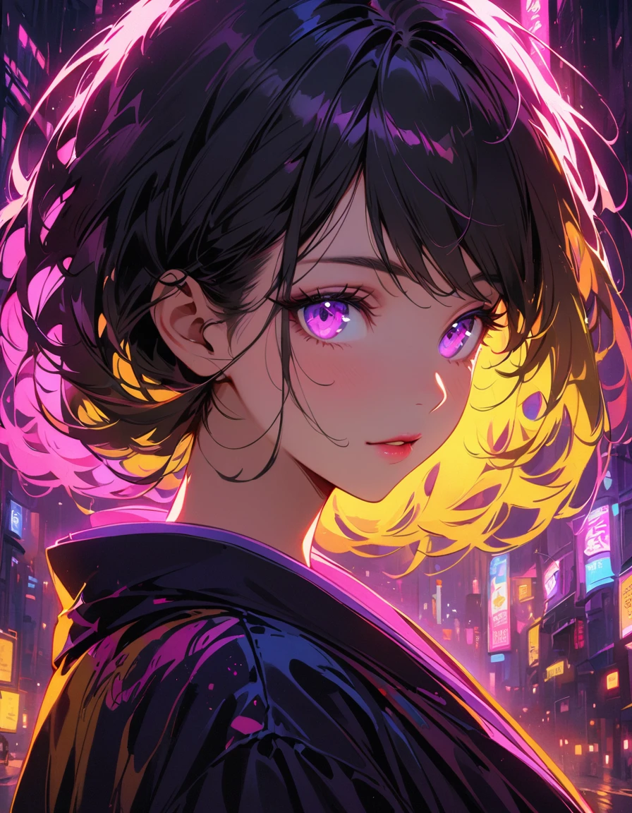 Detailed textures, high quality, high resolution, high accuracy, Realism, color correction, correct lighting settings, harmonious composition. Girl silhouette, filled with neon city lights, Landscape of the city, Close-up, double exposure, White background. beautiful silhouette of a girl in traditional Japanese clothes, with neon lights in your hair and neon glitter in your eyes, neon city lights are visible on the clothes.