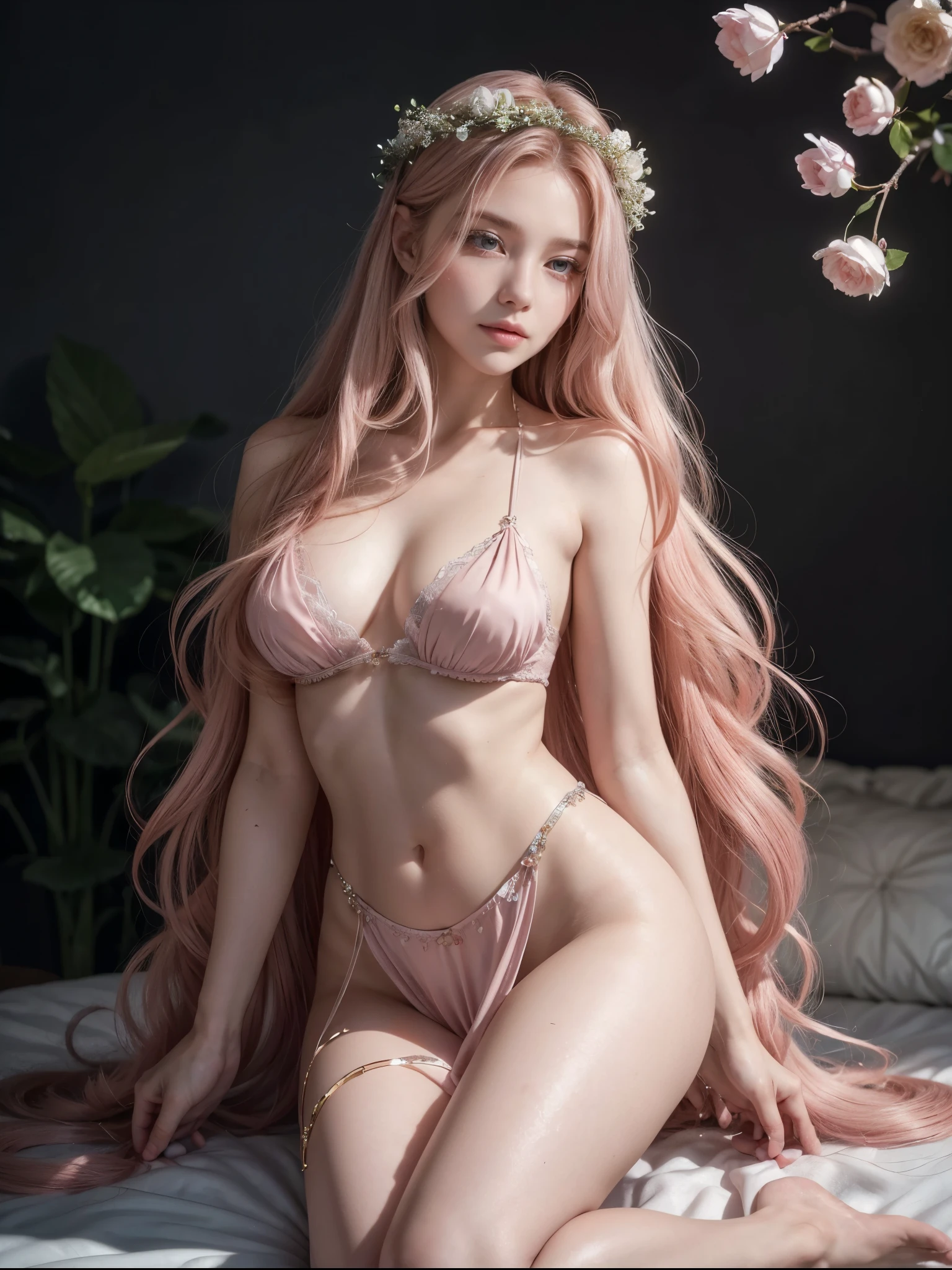 An Aegirosa is a vision of incomparable beauty, with long pink hair that falls in soft waves down to her waist. Their eyes, the same tone, shine with a captivating shine, reflecting the softness of rose petals. Your skin is smooth and flawless, with a slight rosy flush on the cheeks, enhancing your natural beauty. She wears clothes made of light, fluid fabrics that move gracefully around your body., Subtly revealing your delicate curves. Adorned with delicate details in the shape of rose petals, Your look exudes charm and sophistication. A flower crown adorned with small roses adorns her head, adding a touch of grace to your heavenly appearance. With his elegant posture and captivating presence, she radiates an aura of confidence and grace, Capturing the attention of everyone around you. A true goddess of spring in all her glory.