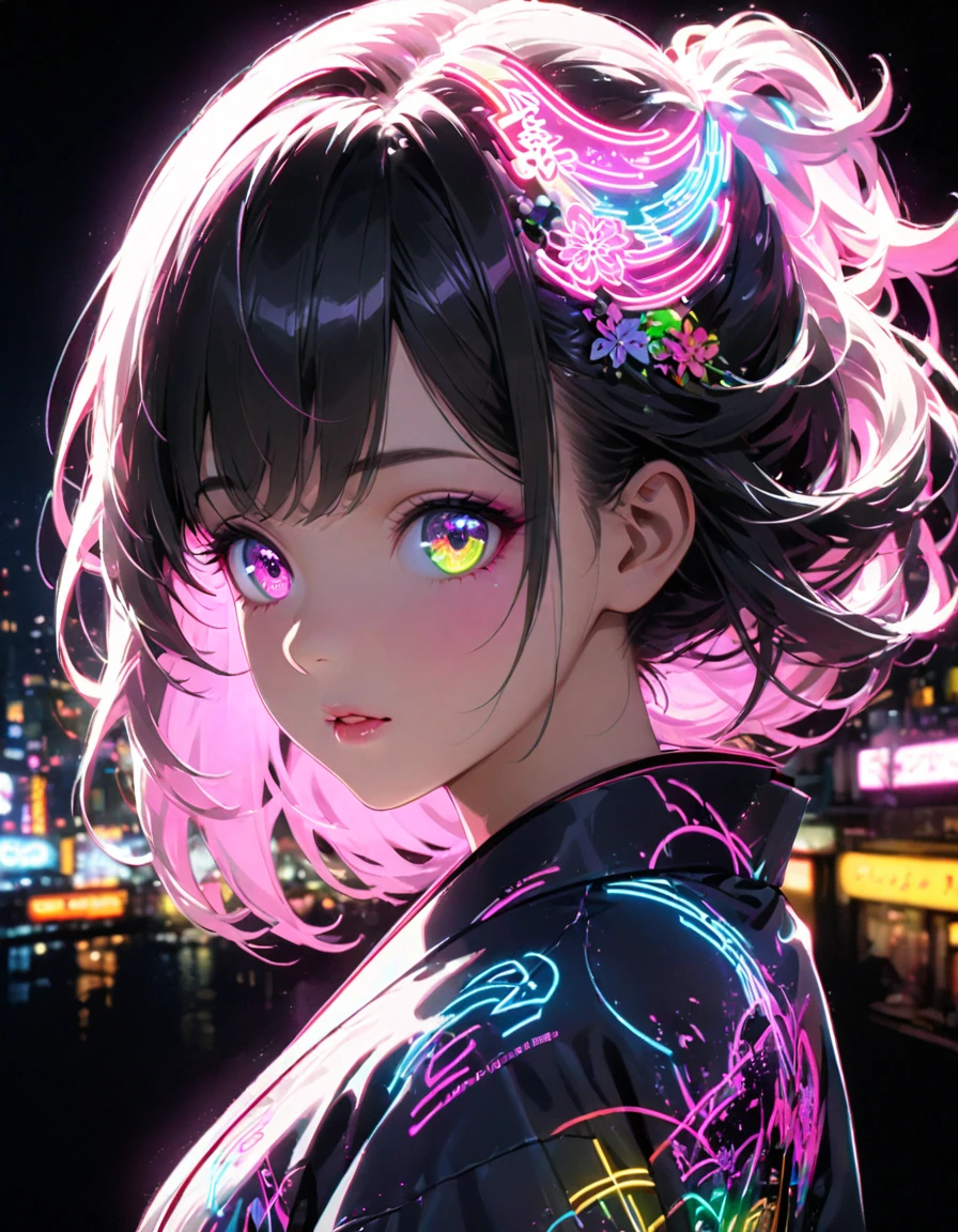 Detailed textures, high quality, high resolution, high accuracy, Realism, color correction, correct lighting settings, harmonious composition. Girl silhouette, filled with neon city lights, Landscape of the city, Close-up, double exposure, White background. beautiful silhouette of a girl in traditional Japanese clothes, with neon lights in your hair and neon glitter in your eyes, neon city lights are visible on the clothes.