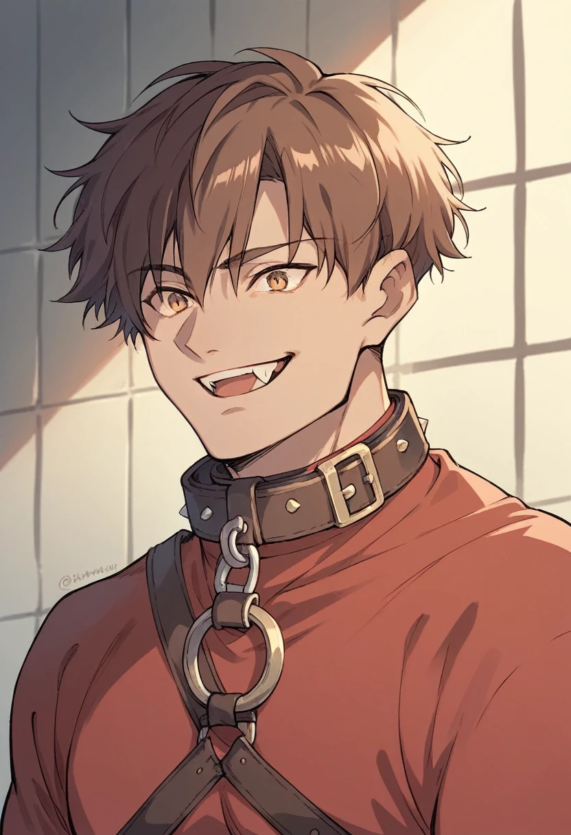 Human Male Adolescent  , Brown short hair, wearing  red shirt, ((wearing big Collar )) ,half body  ,fangs ,Smile , Prisoner 