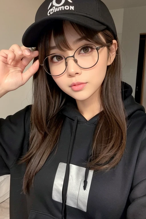 Black cap, round glasses, long hair, brown hair, dark gray hoodie, beautiful and cute girl, solo, beautiful white skin, beautiful eyes, thick lips, big mouth, mature brown eyes, cool beauty, with bangs, single eyelids, Japanese, woman in her 30s, sex appeal, wink, boyish