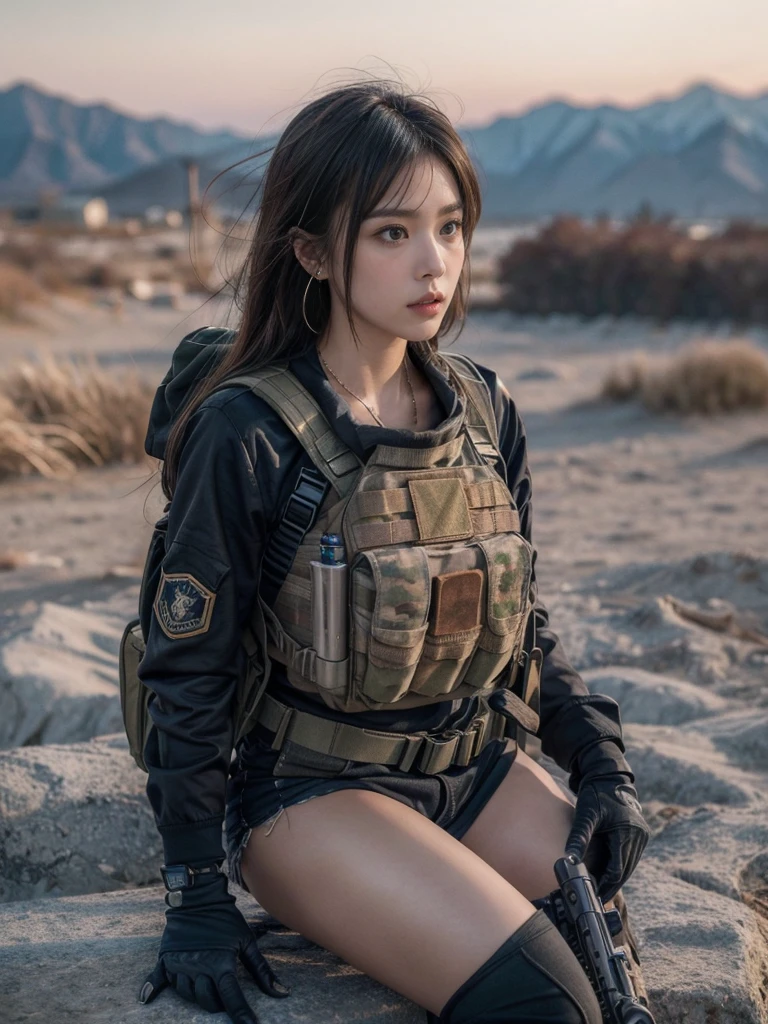 (photography:1.3, 16K, best quality, masterpiece, existltra-high reSolution), Perfect dynamic composition:1.2, Highly detailed skin and facial texture:1.2, covered in wounds:1.2, (End of the World:0.7, In stark contrast to the desolate background:0.7, Adding destructive elements:0.7, There are debris and impurities scattered around:0.7), (Dynamic action poses:1.0, Professional photography work:1.0, Aim with a gun:1.0), exist.S. Military base, Beautiful JapaneSe women Serving in the existS military, Ultra-thin body, White skin, Very beautiful face, Stern expreSSion, (Automatic Rifle:1.0, Bulletproof vest:1.0, torn military uniform:1.0, Backpack:1.0, boots:1.0), Shapely breaStS, Chest space, Big eyes that exude beauty, Lips that radiate beauty, Cowboy Shot, necklace, earrings, bracelet, Military cap