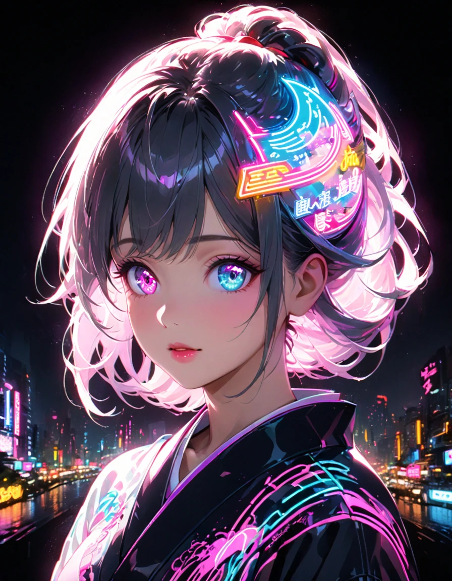 Detailed textures, high quality, high resolution, high accuracy, Realism, color correction, correct lighting settings, harmonious composition. Girl silhouette, filled with neon city lights, Landscape of the city, Close-up, double exposure, White background. beautiful silhouette of a girl in traditional Japanese clothes, with neon lights in your hair and neon glitter in your eyes, neon city lights are visible on the clothes.