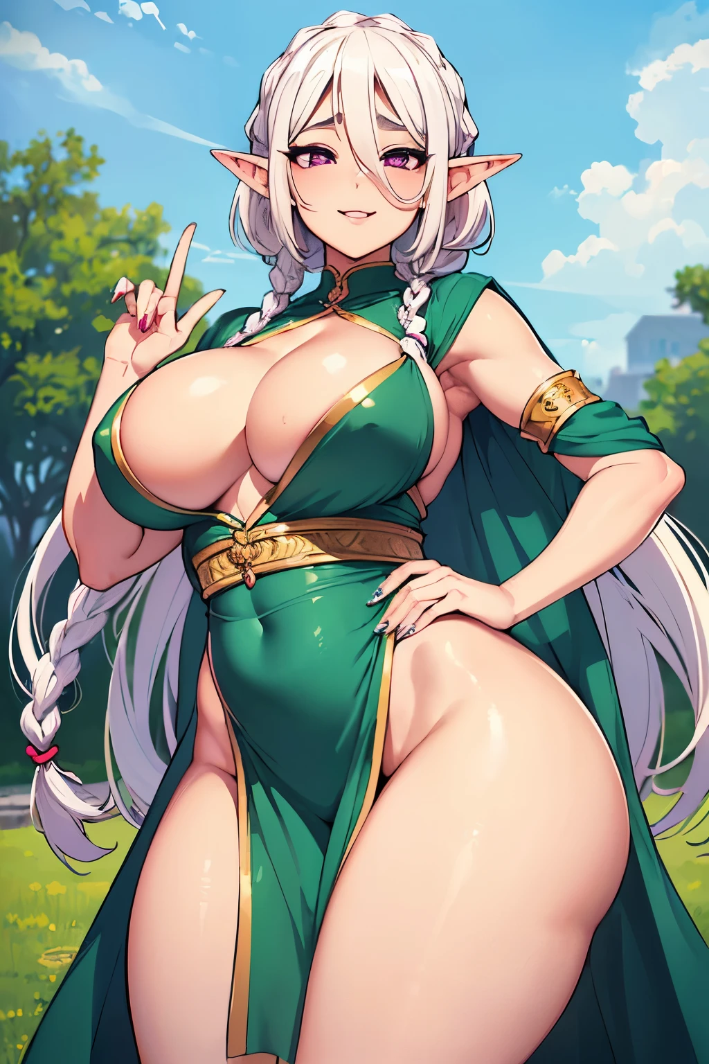 (Indian woman), (juicy boobs), (short white hair), (elf milf:1.2), (purple eyes:1.1), (braided long hair:1.1), (cute smile), (indian girl legs wrapped bandage:1.1), (ahegao face), (sexy outfit:1.2), (clear sky), (in a green park:1.1), (round breasts), (bubble butt), (wide hips:1.1), (slim waist:1.1), (thick thighs:1.1), (detailed face and eyes:1.2), (hyper realistic), (highest detailed), (masterpiece), (best quality), (high resolution), (sharp focused), (detailed background), (perfect lips and nails:1.1), (detaild clothes), (detailed hand and finger:1.2), (medium breasts:1.2), (busty), (deep cleavage:1.2), (labia outline:1.3), (hard teat:1.3).