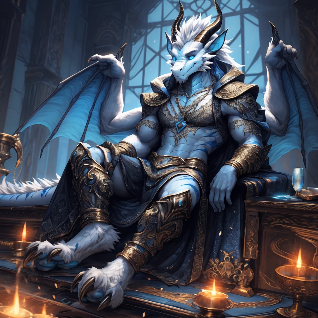 solo,(furred dragon),mature,male,((white fur)),wing,fluffy furs,dragon horns,blue_eyes,cat's eye,tail,handsome,toe claws,digitigrade,blue pawpads,lying,anklet,bracelet,pendant,clothing details,epic,mgaical,Fantasy,floating_island,Cinematic Lighting,cirrocumulus,perfect lighting,(best quality),(masterpiece),(ultra detailed),sharp focus,(detailed eyes),depth of fieldExtremely gorgeous metal style, Metal crown with ornate stripes, Various metals background, Sputtered molten iron,Clothes made of silver, Clothes with gold lace, flowing gold and silver, everything flowing and melt, flowing iron, flowing silver, lace flowing and melt,updn