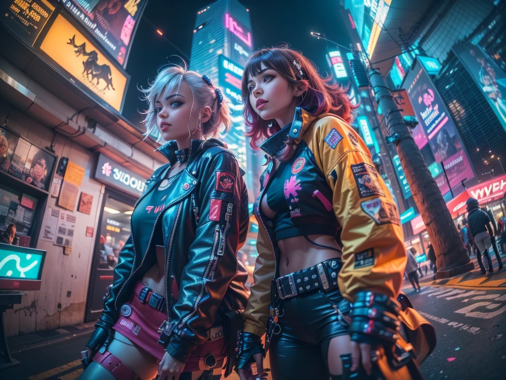 ((2 cyberpunk girls wearing colorful Harajuku style pop outfit)), ((((fisheye lens)))), cowboy shot, wind, messy hair, ((cyberpunk 2077 cityscape)), (cyberpunk aesthetics and atmosphere:1.3), bright colors, smiling, ((cinematic lighting))