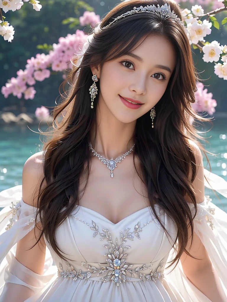 A beautyful girl,long whitr hair,(Wear a beautiful wedding dress),A delicate crown was worn over his hair,A pair of shiny pearl earrings hang from the ears,A beautiful necklace was worn around his neck,Sweet smiling,His face flushed,ssmile,huge bearsts ,(Flower sea background)