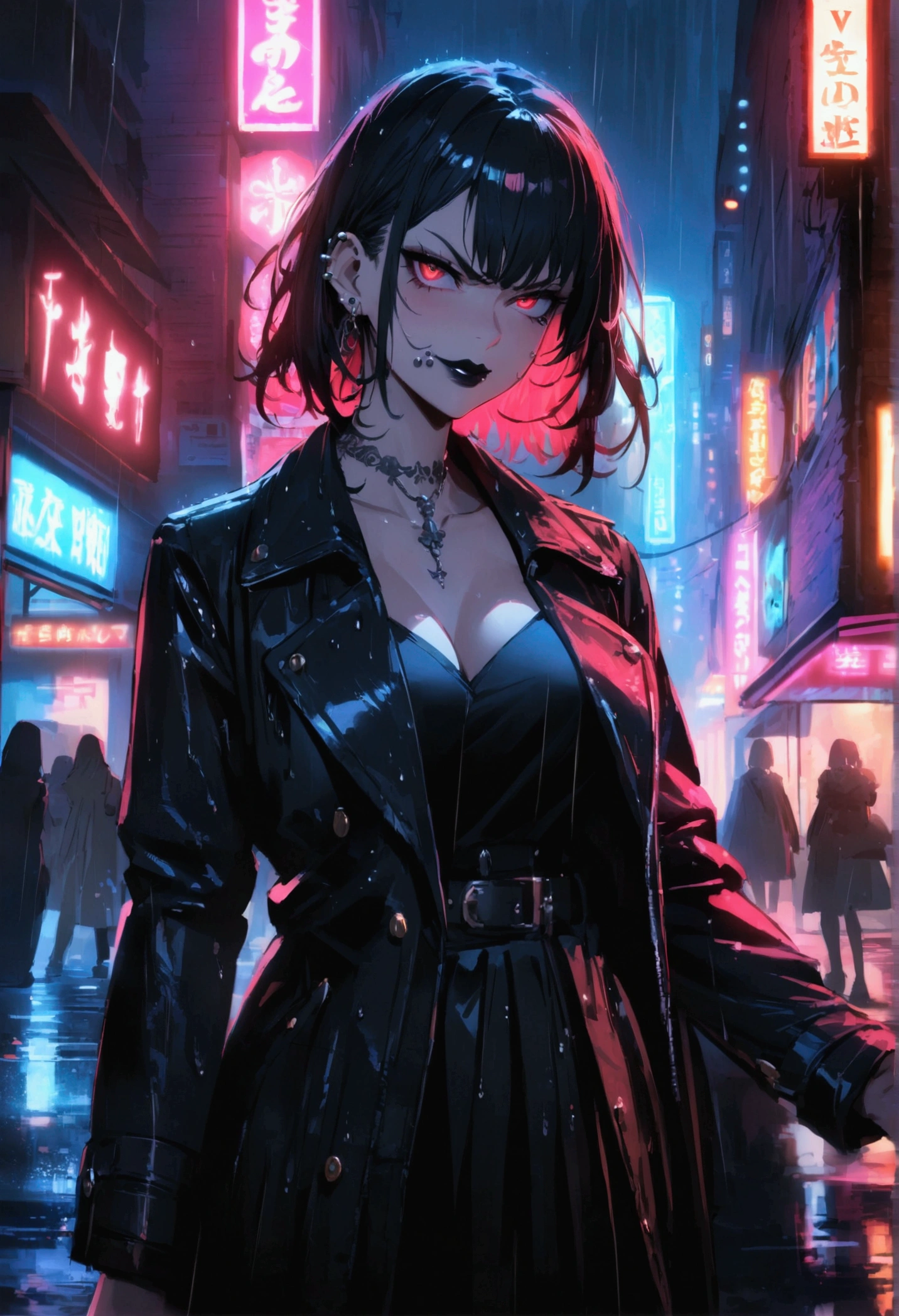 (anime women), high school girl, (neon red viper eyes) standing in a rain soaked, city street at night, cinematic lighting (best quality:1.2)detailed, neon lights, vivid colors,bokeh, angry looking face with smirk on mouth, piercing, ((piercing)), gaze, 4k, particles in the air, powers, amazing art work full of details, dynamic movement, (black lips)
