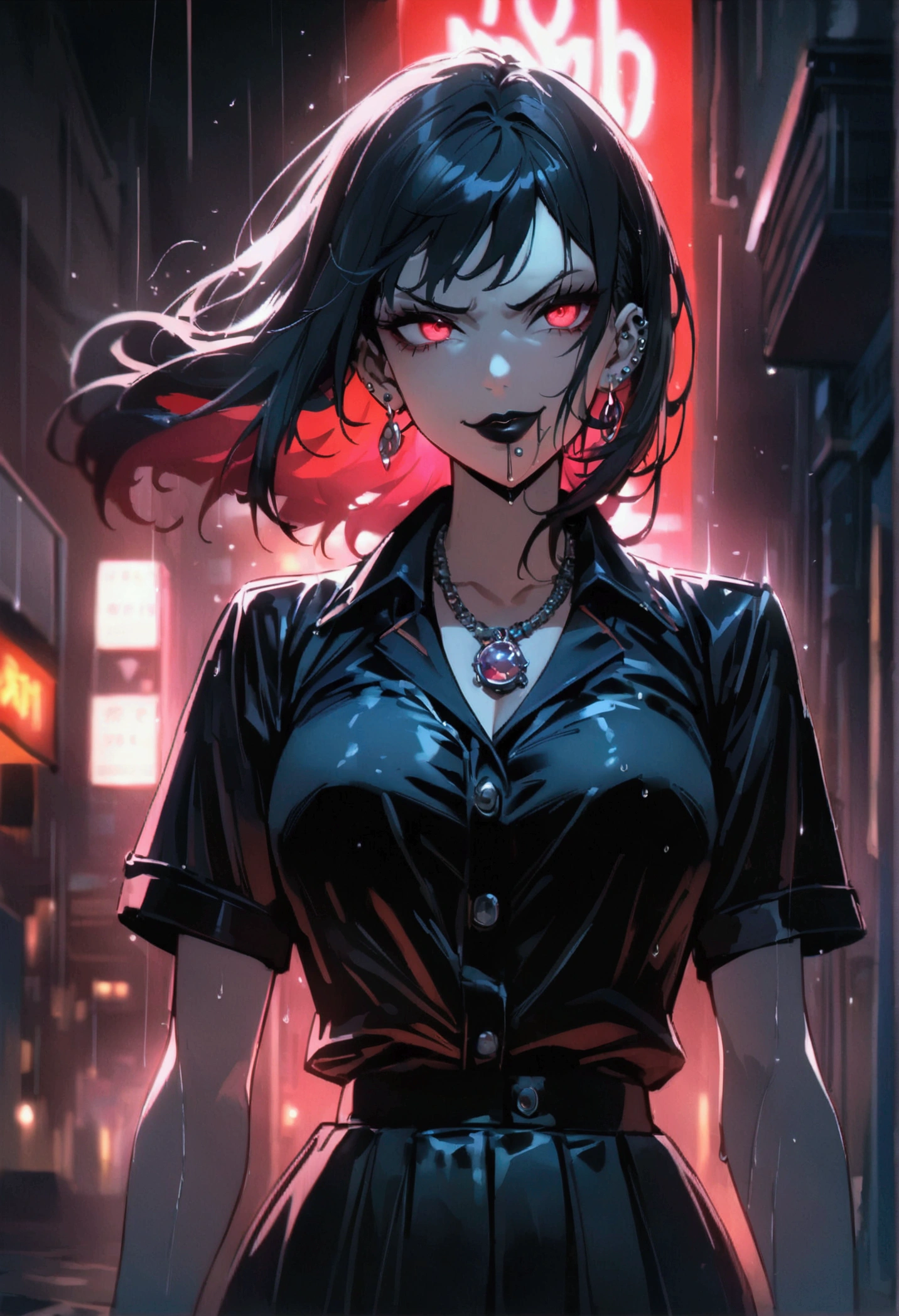 (anime women), high school girl, (neon red viper eyes) standing in a rain soaked, city street at night, cinematic lighting (best quality:1.2)detailed, neon lights, vivid colors,bokeh, angry looking face with smirk on mouth, piercing, ((piercing)), gaze, 4k, particles in the air, powers, amazing art work full of details, dynamic movement, (black lips)