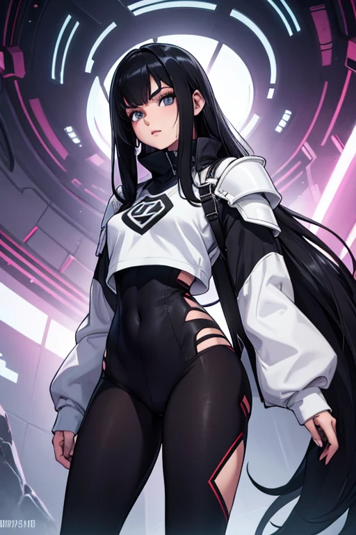 Age 22, White skin girl, , Bblack hair, extremely long hair, , sweatshirt clothes, futuristic armor, feminine, short preto, black tights, women&#39;s black tennis shoes, Bblack hair, hair between the eyes, Bblack hair, cloused mouth, range, cabelo bagunçado Bblack hair cabelo extremamente longos olhos cinzas