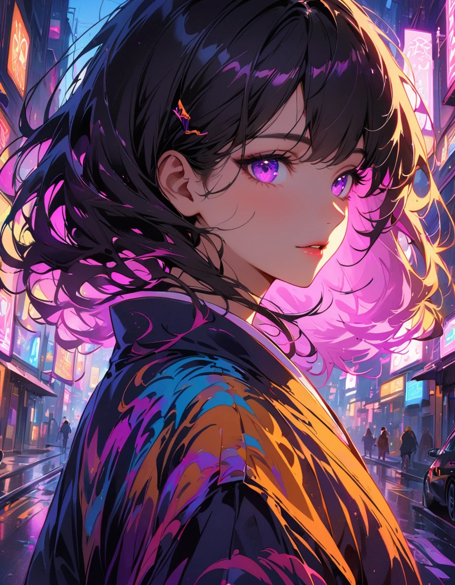 Detailed textures, high quality, high resolution, high accuracy, Realism, color correction, correct lighting settings, harmonious composition. Girl silhouette, filled with neon city lights, Landscape of the city, Close-up, double exposure, White background. beautiful silhouette of a girl in traditional Japanese clothes, with neon lights in your hair and neon glitter in your eyes, neon city lights are visible on the clothes.