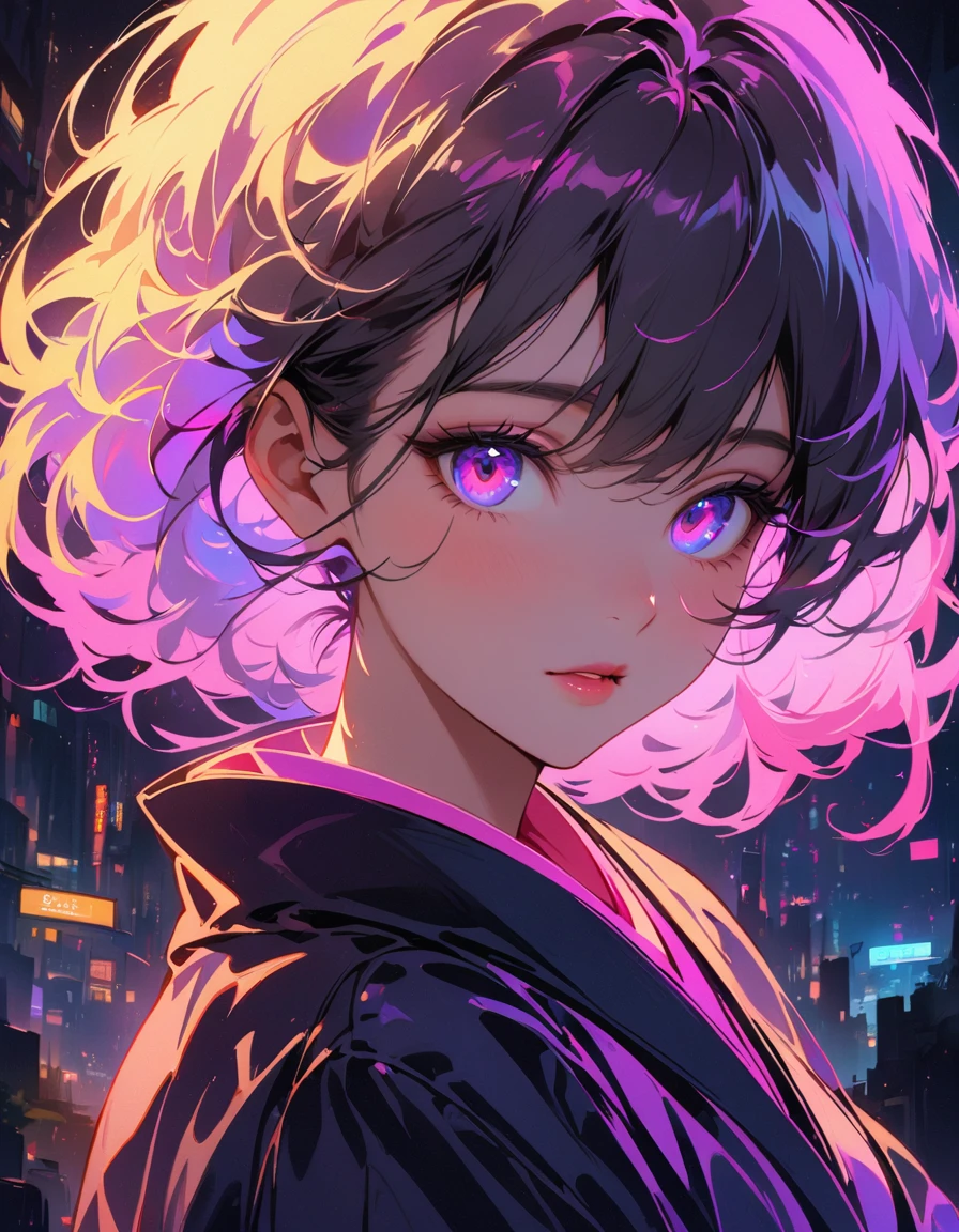Detailed textures, high quality, high resolution, high accuracy, Realism, color correction, correct lighting settings, harmonious composition. Girl silhouette, filled with neon city lights, Landscape of the city, Close-up, double exposure, White background. beautiful silhouette of a girl in traditional Japanese clothes, with neon lights in your hair and neon glitter in your eyes, neon city lights are visible on the clothes.