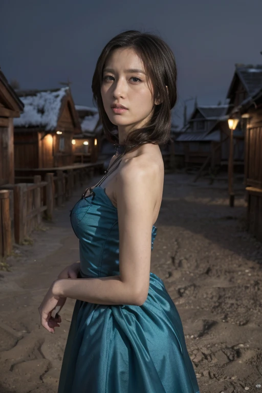 night, ((1 girl)), Solitary, masterpiece, 8k wallpaper, high resolution, absurd, High quality background, short hair, Black Hair, Beautiful frozen village, (round bright moon), Blue Dress, Detailed dress, Jewelry Dress, beautiful eyes, Detailed eyes, long legs