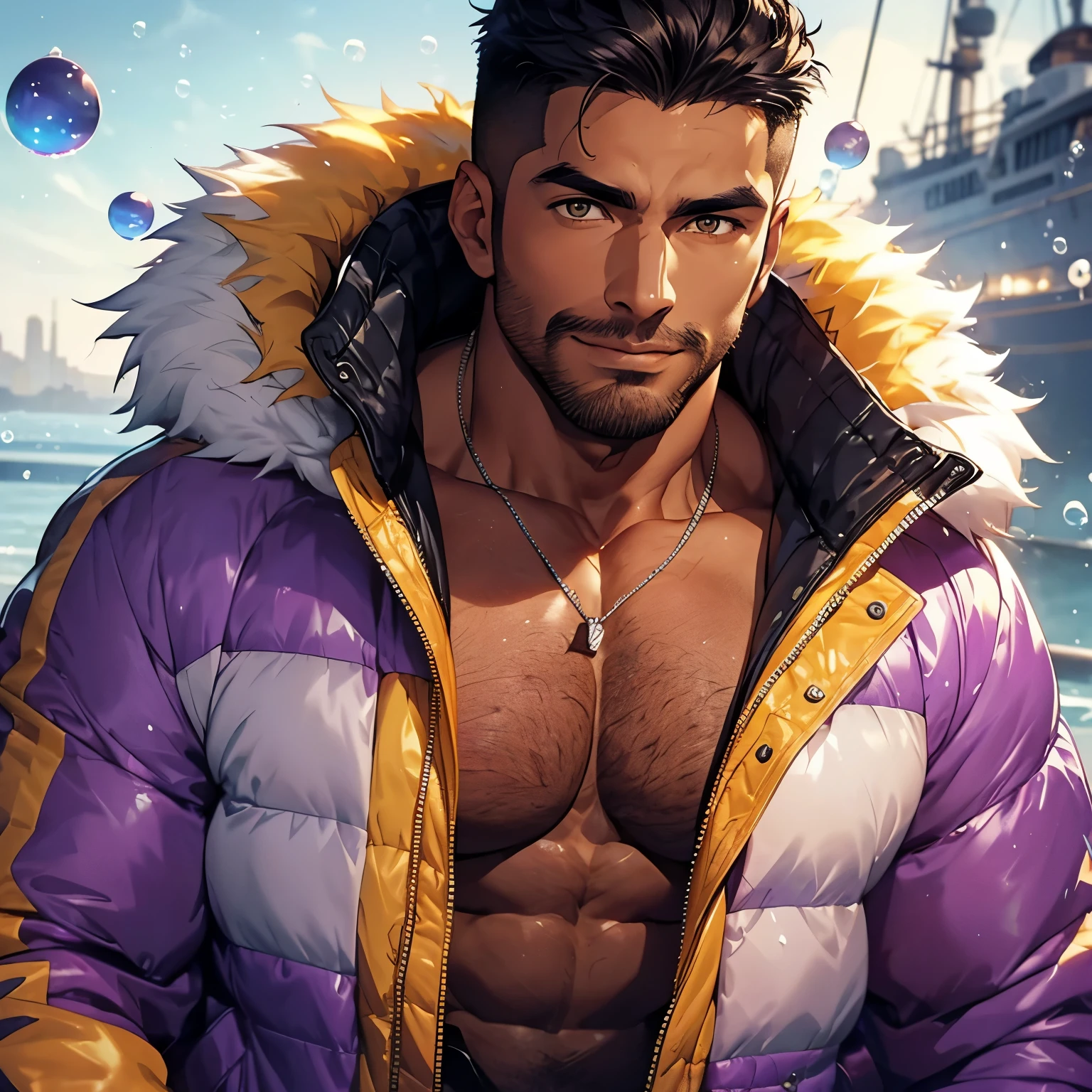Masterpiece, Best Quality, Ultra-Detailed, 1man, solo, male, 22 years old, brown skin, tanned skin, black skin, black, muscular, strong, hunk, jock, large shoulders, large chest, huge arms, chest, abs, black hair, undercut hair, undercut, pencil moustache, black pencil moustache, orange eyes, yellow eyes, brilliant eyes, very beautiful eyes, detailed eyes, purple bubble jacket with yellow fur, yellow fur on purple bubble jacket, (((vivid purple bubble jacket:1.0))), vivid yellow fur on bubble jacket, blue details, vivid blue details on clothes, open jacket, abs exposed, chest exposed, looking to you, determined smile, ship background
