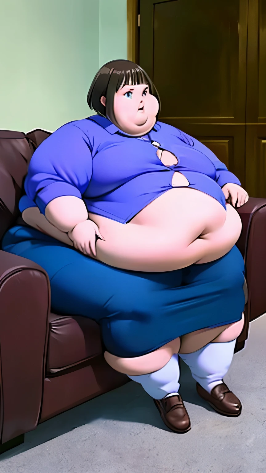 1000 pound very obese woman with short curly hair, belly hanging out, sitting on comfy chair, wearing a purple pea and a blue pencil skirt that barely covers her thighs, clothes stretched