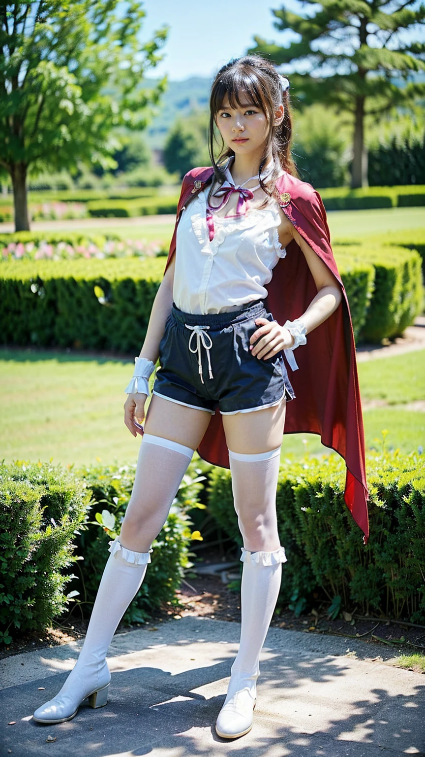 (8k、RAW Photos、Highest quality、masterpiece:1.2)、(Realistic、Realistic)、1 girl、((Shorts、one piece、Frills、Cape、Medium Hair、Pretty Cure Costume、See through、tights、ribbon、boots、Emphasize the chest、whole body、garden、View from the front、Looking into the camera、Stand with hands on hips))、