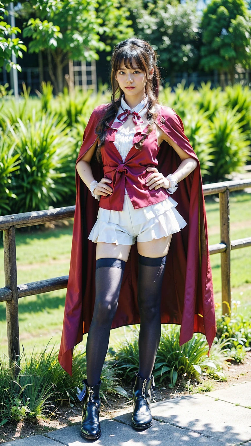 (8k、RAW Photos、Highest quality、masterpiece:1.2)、(Realistic、Realistic)、1 girl、((Shorts、one piece、Frills、Cape、Medium Hair、Pretty Cure Costume、See through、tights、ribbon、boots、Emphasize the chest、whole body、garden、View from the front、Looking into the camera、Stand with hands on hips))、