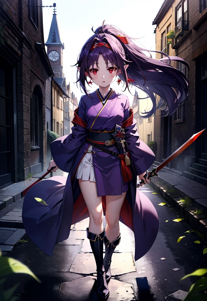 yuukikonno, Yuki Konno, hair band, Long Hair, Pointy Ears,ponytail, Purple Hair, (Red eyes:1.5), (Small breasts:1.2), Open your mouth,Purple kimono,Red too,boots,hold the hilt of the sword in one's hand,Sword Drawing Technique,
break looking at viewer, Upper Body, whole body,
break outdoors, Medieval European streets,
break (masterpiece:1.2), Highest quality, High resolution, unity 8k wallpaper, (shape:0.8), (Narrow and beautiful eyes:1.6), Highly detailed face, Perfect lighting, Extremely detailed CG, (Perfect hands, Perfect Anatomy),