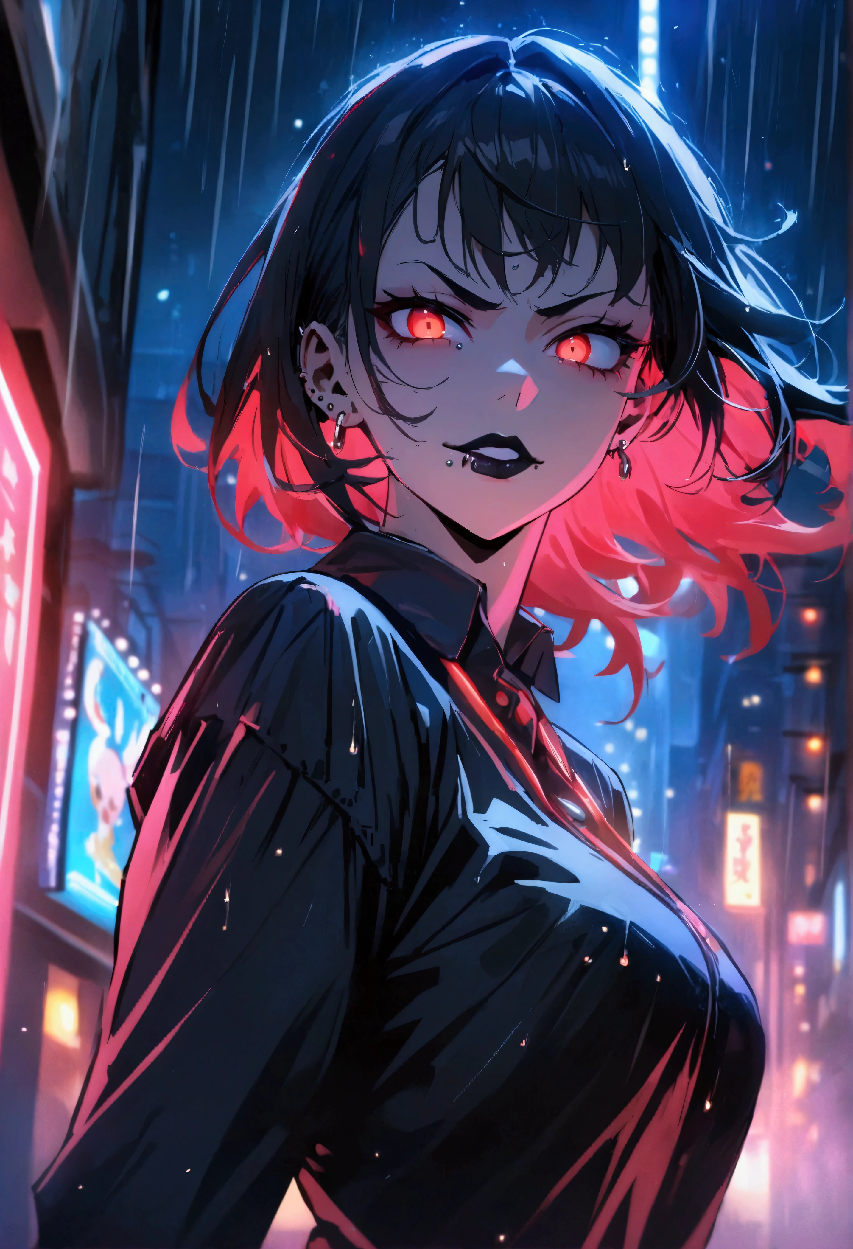 white shirt (((masterpiece, highest quality)), (anime women), demon women, (demon eyes) (building corridor), cinematic lighting (best quality:1.2)detailed, lights, vivid colors,bokeh, angry looking face with smirk on mouth, piercing, ((piercing)), gaze, 4k, particles in the air, powers, amazing art work full of details, dynamic movement, (dark lips), scars,
