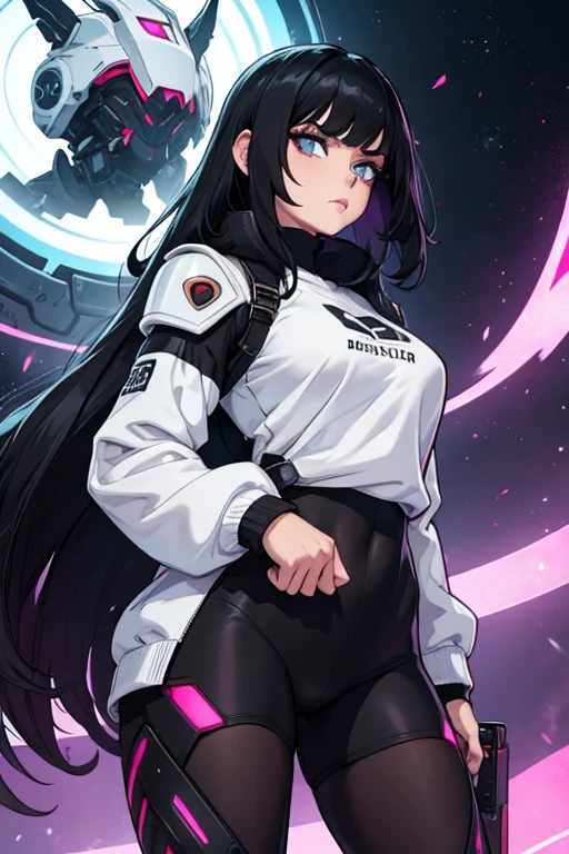 Age 22, White skin girl, , Bblack hair, extremely long hair, , sweatshirt clothes, futuristic armor, feminine, short preto, black tights, women&#39;s black tennis shoes, Bblack hair, hair between the eyes, Bblack hair, cloused mouth, range, cabelo bagunçado Bblack hair cabelo extremamente longos olhos cinzas]