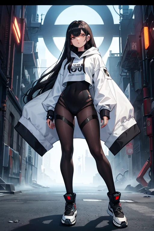 Age 22, White skin girl, , Bblack hair, extremely long hair, , sweatshirt clothes, futuristic armor, feminine, short preto, black tights, women's black tennis shoes, Bblack hair, hair between the eyes, Bblack hair, cloused mouth, range, cabelo bagunçado Bblack hair cabelo extremamente longos olhos cinzas