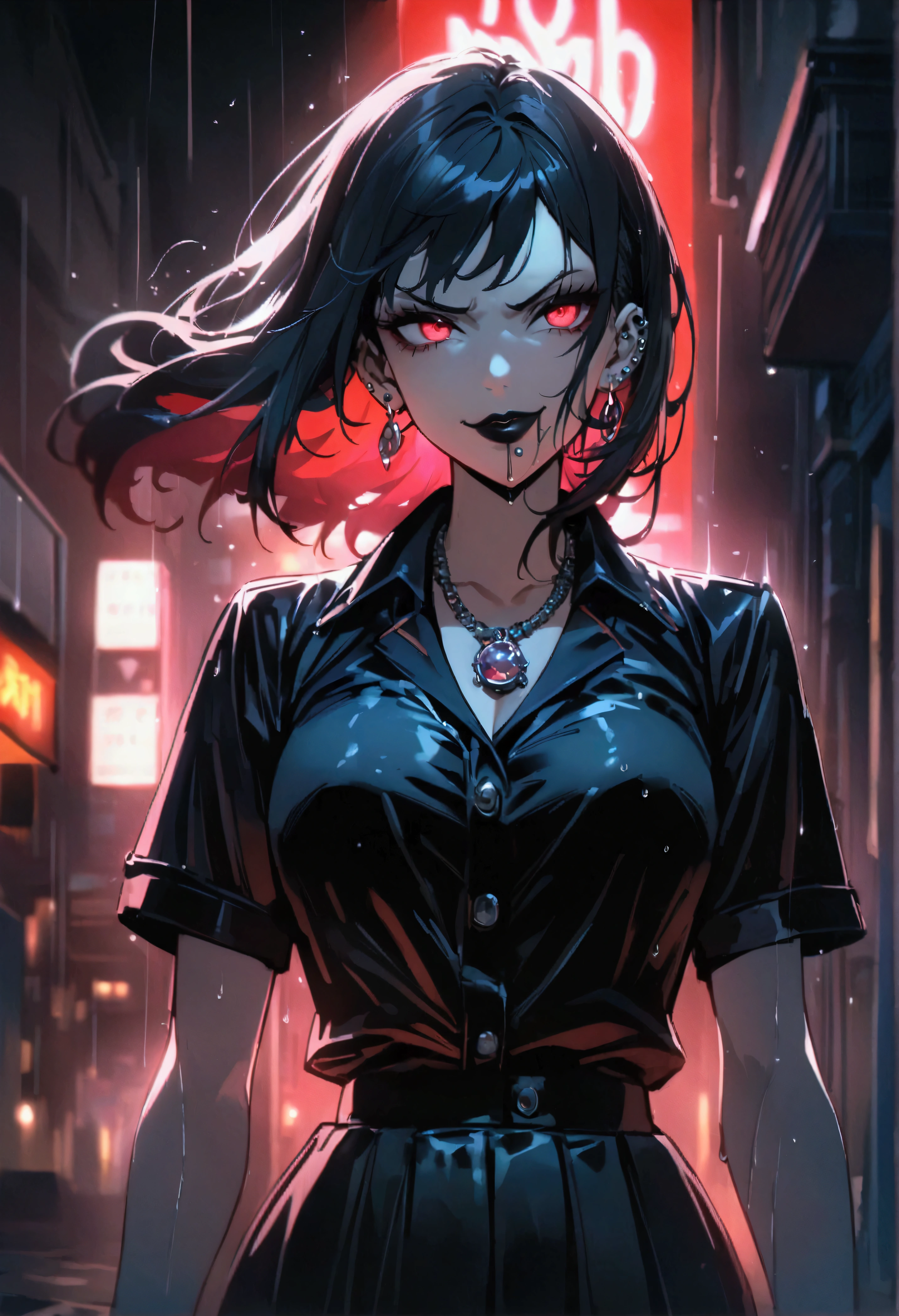 (anime women), high school girl, (neon red viper eyes) standing in a rain soaked, city street at night, cinematic lighting (best quality:1.2)detailed, neon lights, vivid colors,bokeh, angry looking face with smirk on mouth, piercing, ((piercing)), gaze, 4k, particles in the air, powers, amazing art work full of details, dynamic movement, (black lips)