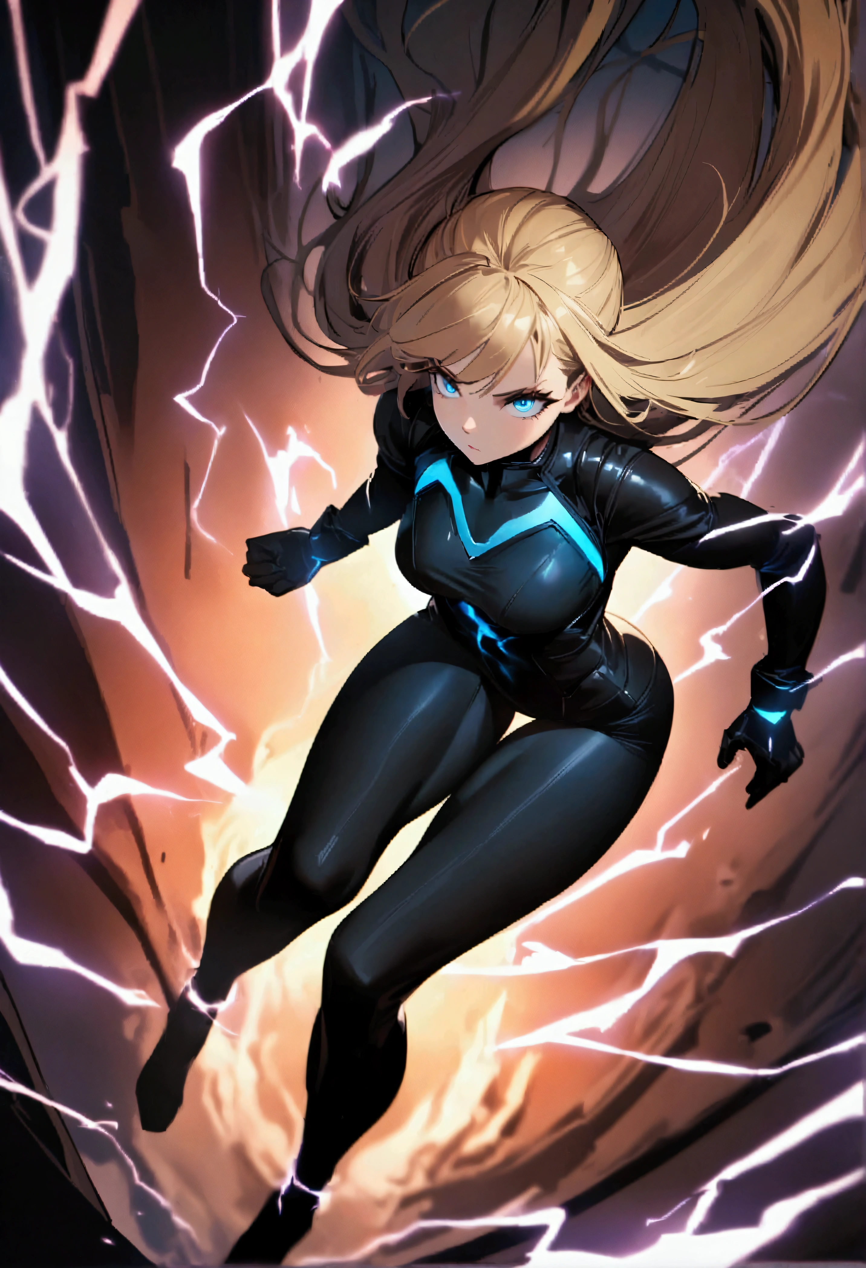 blonde, long flowing hair, cinematic, light blue eyes, glowing effect, electricity, 1 girl, beautiful girl, long tight dark black leggings, small open black jacket, jumping in air, epic, masterpiece, futuristic, flowing lightning energy around body, Lightning Glow effect, very detailed, action pose, from above view depth of field, muscle definition, normal sized legs.
