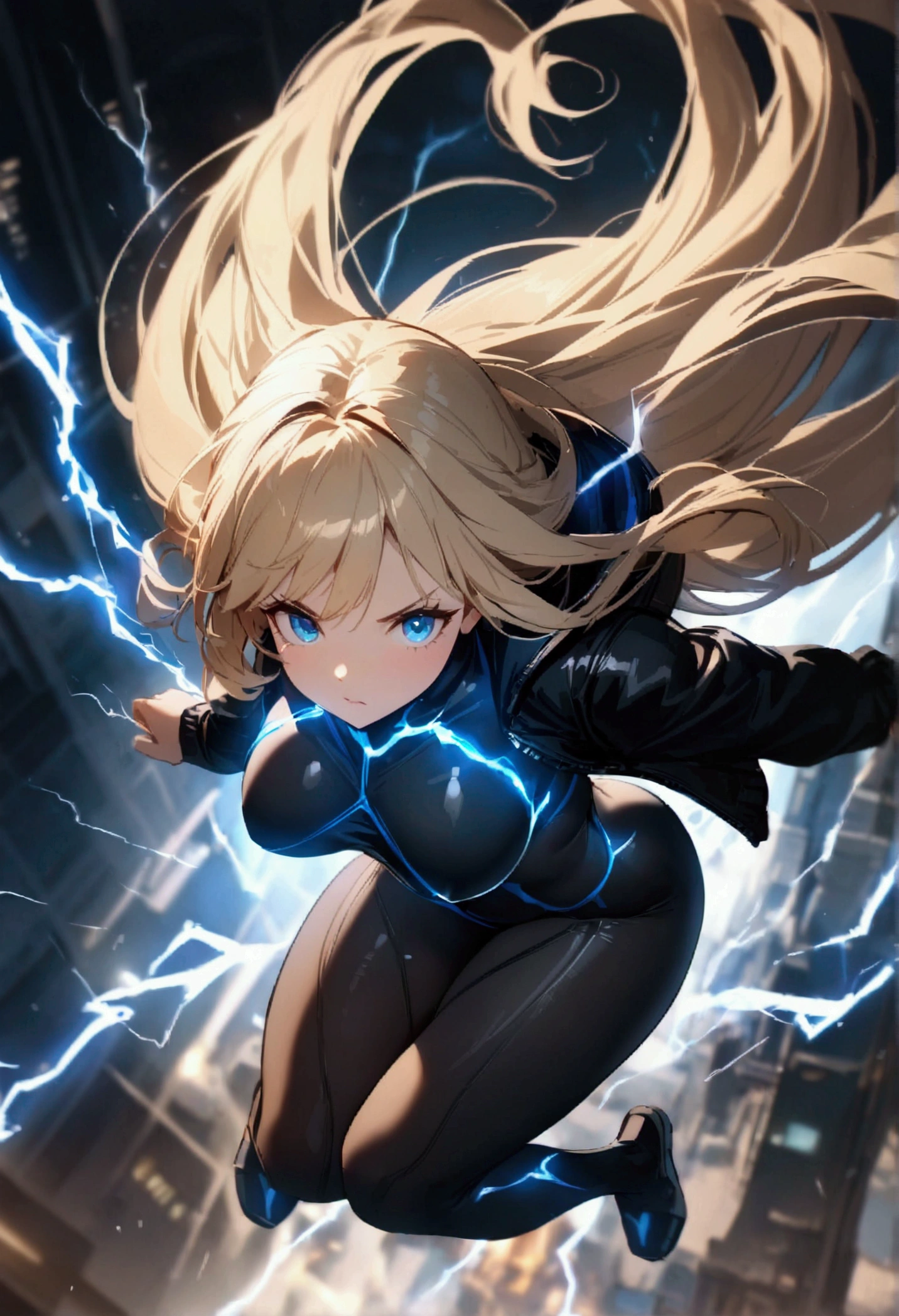 blonde, long flowing hair, cinematic, light blue eyes, glowing effect, electricity, 1 girl, beautiful girl, long tight dark black leggings, small open black jacket, jumping in air, epic, masterpiece, futuristic, flowing lightning energy around body, Lightning Glow effect, very detailed, action pose, from above view depth of field, muscle definition, normal sized legs.