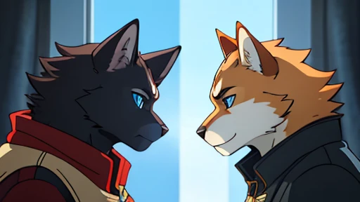 ANIME DASH, portraying two rivals facing each other with rivalry and ferocity. The image must have a wealth of detail in the characters’ lines. The characters are an anthropomorphic black cat, brawny que tem pupilas marrons e usa camiseta de treino; and an anthropomorphic husky, brawny, with blue details on its coat and blue pupil. The image contains lines of emphasis that highlight the ferocity of the characters as they look at each other.. With floral white color solid background.