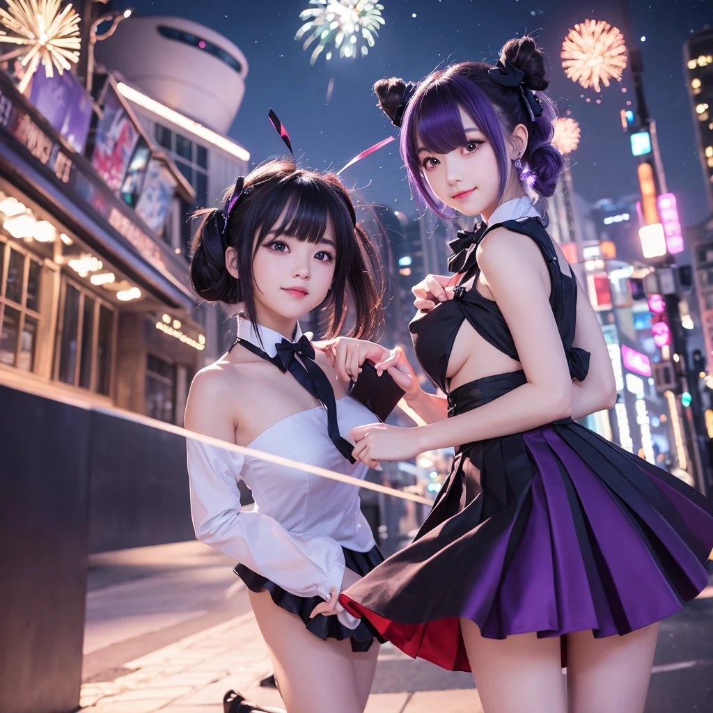 (Realistic style:1.1), masterpiece, best quality, absurd, Looking at the audience, Solitary,{{ Keqing (Magnificent) (Genshin Impact)}}, Keqing (Genshin Impact), Official Alternate Costumes, skirt, cone Hair Bun, night, Strapless skirt, Long hair, cleveage, black skirt, Hair Bun, Strapless, Bare shoulders, {Purple Hair:1.}, Bangs, bow, Separate collar, Purple Eyes, Diamond-shaped pupil, Ribbon, Hammerhead, Double tail, two-tone skirt, Medium breasts, Hair accessories, black bow, Blue Butterfly, hair Ribbon, blue skirt, bowtie, Hair between the eyes, outdoor, night, Fireworks, {Smile}, Purple Hair, {{Black Legwear:1.5}}, armband,High heel, {{1 Girl}},{{whole body}},{{Black over-the-knee stockings}},