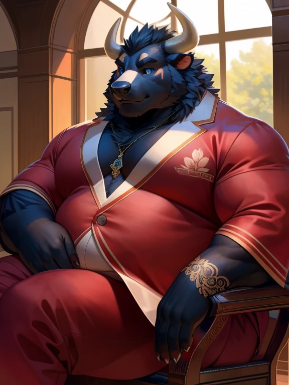 solo, anthro, furry, furry male, bull,((short fur,furry, shaggy fur, dark fur)), (floral rose garden tattooed hands), black pupils, white sclera, black body, black fur, white line from forehead to nose, blue eyes, bull tail, horns, detailed fur, detailed face, detailed eyes, (red dress suit), conference room, (by null-ghost,by raccoon21, masterpiece, high quality, hi-res, 8k, hd), close-view portrait, day, stoic expression, arrogant, sitting, ornate chair, crossed legs, Fat male bull, fat, fat belly, fat thighs, fat arms, lovehandles, bull horns, black hooves, spiky hair, mid 40s,