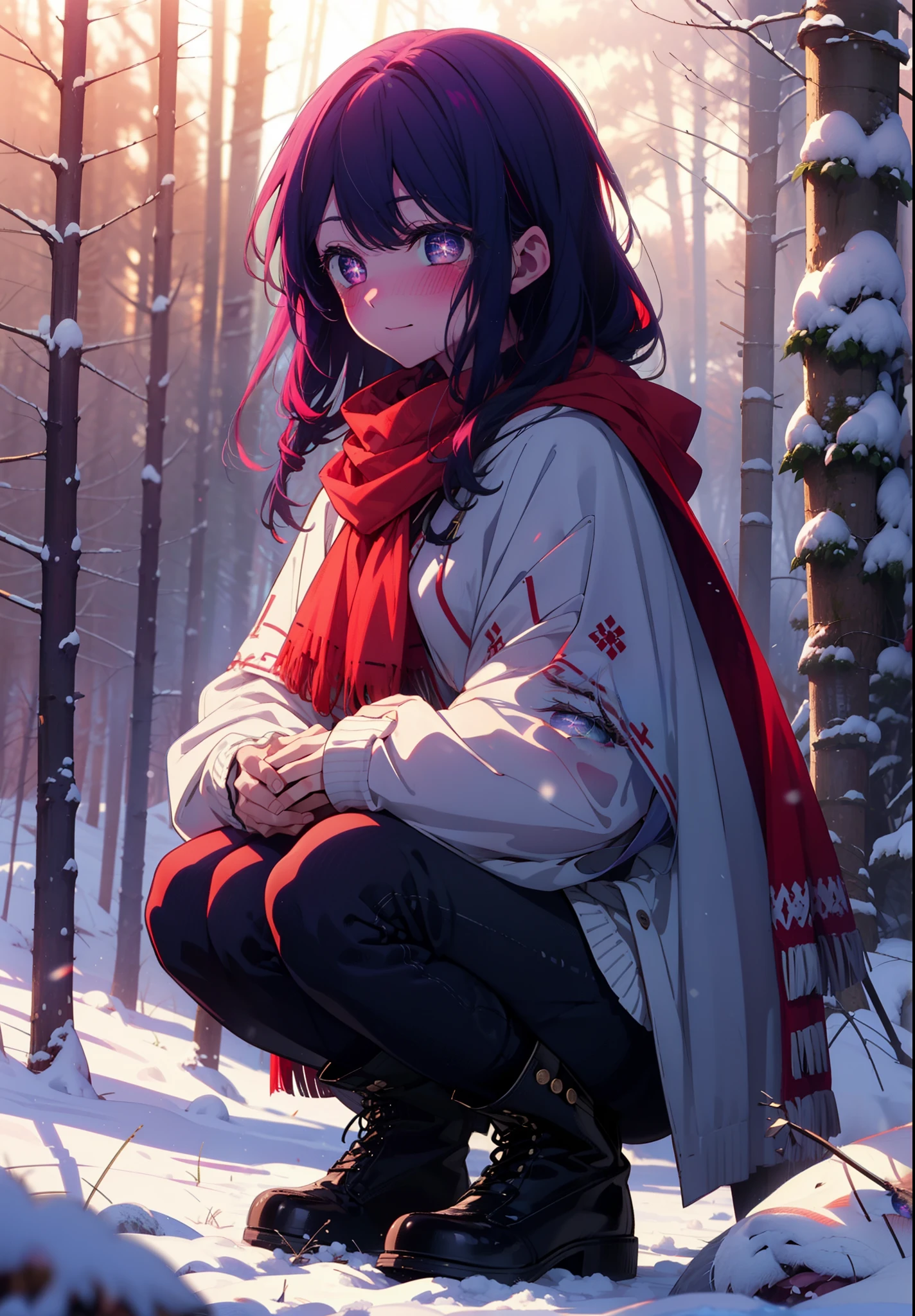 aihoshino, Ai Hoshino, Long Hair, bangs, (Purple eyes:1.1), Purple Hair, (Symbol-shaped pupil:1.5), smile,,smile,blush,white breath,
Open your mouth,snow,Ground bonfire, Outdoor, boots, snowing, From the side, wood, suitcase, Cape, Blurred, , forest, White handbag, nature,  Squat, Mouth closed, Cape, winter, Written boundary depth, Black shoes, red Cape break looking at viewer, Upper Body, whole body, break Outdoor, forest, nature, break (masterpiece:1.2), Highest quality, High resolution, unity 8k wallpaper, (shape:0.8), (Beautiful and beautiful eyes:1.6), Highly detailed face, Perfect lighting, Extremely detailed CG, (Perfect hands, Perfect Anatomy),