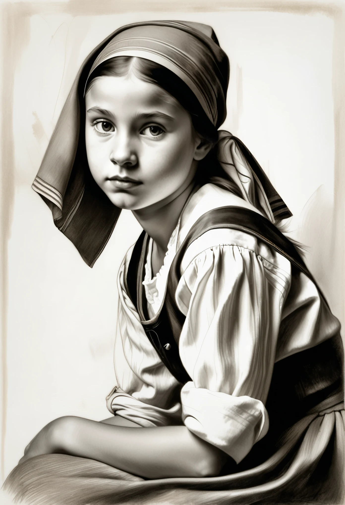 arafed portrait of a young girl ((Rough Croquis by Vermeer)), knee shot of a beautiful girl at 12 years old, charcoal drawing, sepia, white background, masterpiece