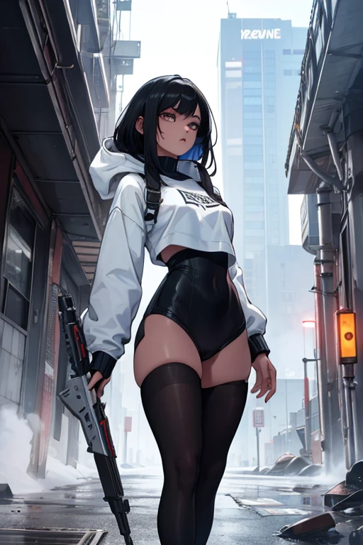 Age 22, White skin girl, , Bblack hair, extremely long hair, , sweatshirt clothes, futuristic armor, feminine, short preto, black tights, women's black tennis shoes, Bblack hair, hair between the eyes, Bblack hair, cloused mouth, range, cabelo bagunçado Bblack hair cabelo extremamente longos olhos cinzas